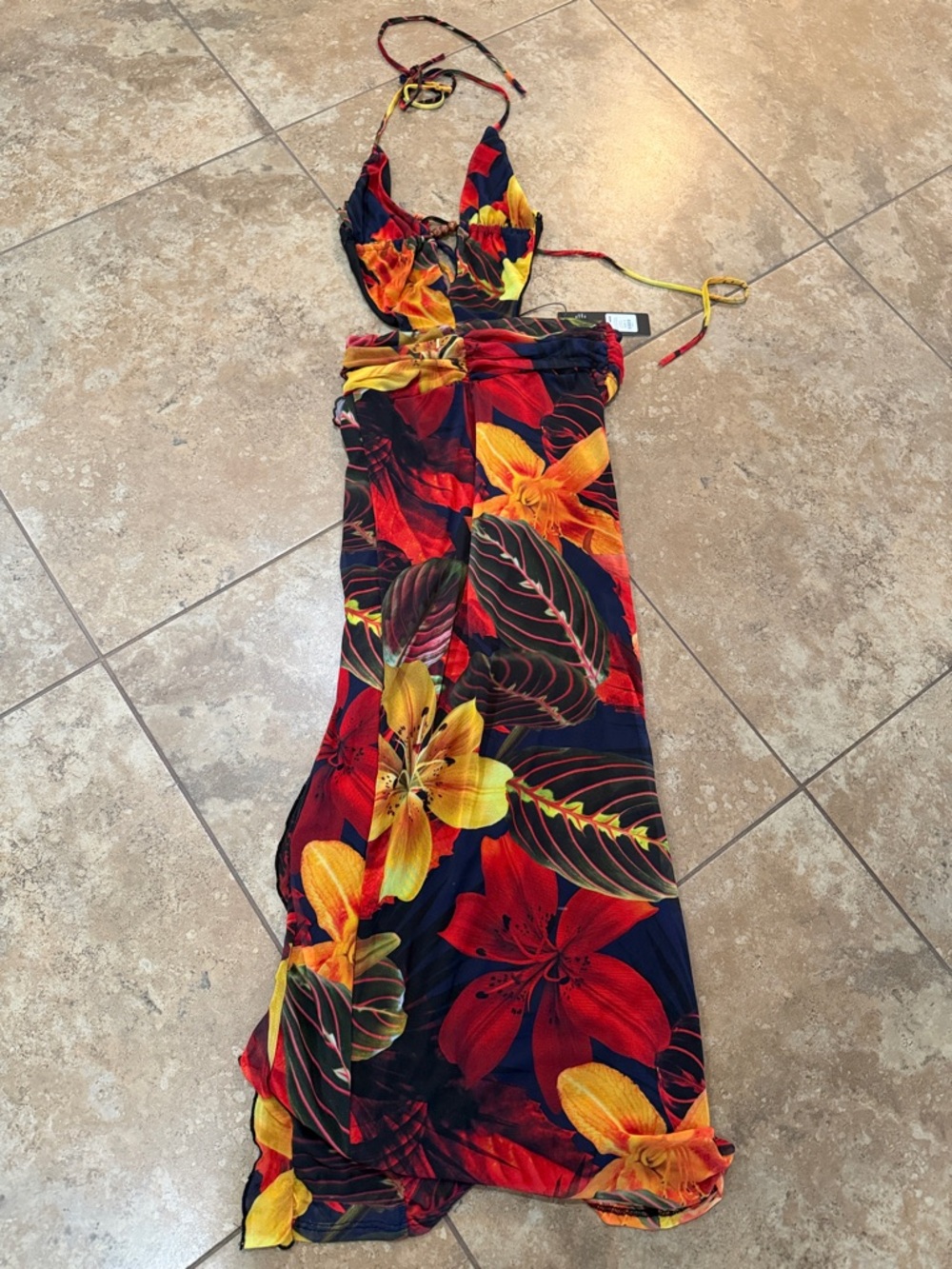 Fashion Nova Red & Yellow Tropical Halter Maxi Dress